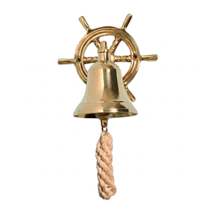 Hanging <b>Brass</b> Round <b>Bell</b> with Ship Wheel Design Handmade Modern Nautical Wall Decor - Product Image 1