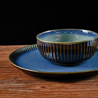 Vaisselle Japonaise en Porcelaine Bleue, Bol, Cuillère, Soucoupe, Assiette, Vaisselle, Batterie de Cuisine en Céramique, Vente en Gros