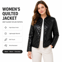 Veste matelassée en losanges pour femme, noire, 100 % polyester, col montant, fermeture boutonnée, manches longues, poches passepoilées, ourlet incurvé, vente en gros