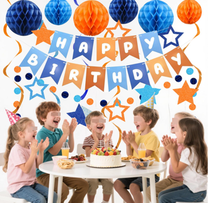 Guirlandes d'anniversaire orange et bleues, étoiles, spirales, serpentins, cercles, points, guirlande en papier, boule en nid d'abeille pour la décoration de fête d'anniversaire d'enfants - Product Image 2