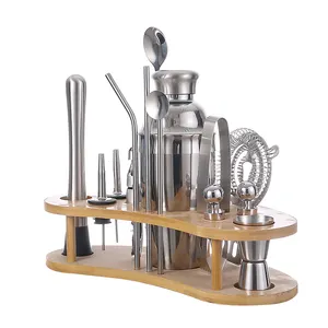 Creation Factory Direct Sales 550ml Stainless Steel Cocktail Mixer Bar Tools Set Customized with Wood Stand