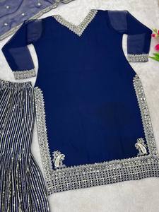 Présentation de la fausse georgette lourde avec une séquence de broderie lourde fonctionne avec un haut à manches longues pantalon Dupatta ensemble robe de soirée - Product Image 5