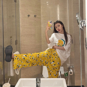 Femmes été maison pyjamas costume court long blanc petit canard jaune fleur jaune pantalon pyjamas ensembles de vêtements de nuit - Product Image 6