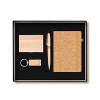 Cuadernos A5 de imitación de cuero de bambú PVC/PP con tapa dura, 100 hojas, logotipo personalizado, set de regalo, planificador, bolígrafo, llavero, tarjetero