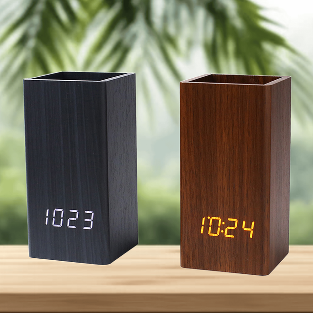 Wooden Digital Temperature Pen Holder Alarm Clock for Gift & Promotion with Cheapest Price Led Desk Clock