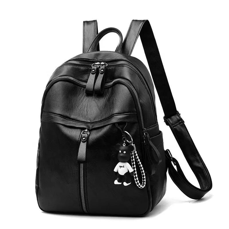 Korean Fashion Style Black Backpack Trendy Waterproof Casual Travel Bag Soft PU Leather School Backpacks for Girls
