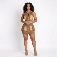 Robe Courte en Jean pour Femme, Style Western, Lavage Sand Wash, Sans Manches, Boutonnée, avec Poches 3D