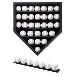 Grosir kotak bingkai tampilan bisbol akrilik perlindungan UV anti-luntur dapat dikunci 30 Slot kayu padat hitam