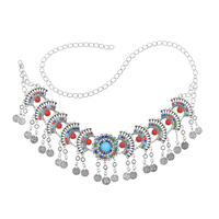 Chaîne de taille élégante en alliage vintage, style tribal afghan Kuchi, avec pendentifs en pièces de monnaie et pompons, pour femme