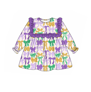 GLP2823 rts Venta al por Mayor Conjunto de Ropa Infantil de Manga Larga Informal con Estampado de Lazos Verdes, Amarillos y Morados para Niña - Product Image 2
