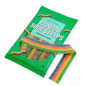 Vente en gros OEM 80g Bonbons gélifiés acidulés aux saveurs de fruits mélangés, comprenant des bandes acidulées aux fraises arc-en-ciel et des bandes acidulées <span class=keywords><strong>à</strong></span> <span class=keywords><strong>la</strong></span> <span class=keywords><strong>réglisse</strong></span> - Product Image 3
