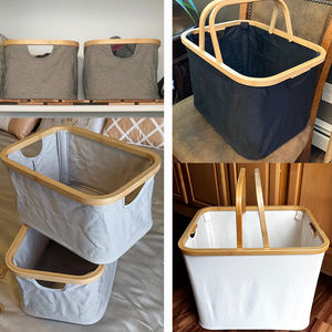 Paniers de rangement noirs pour l'organisation, bacs de rangement en tissu, paniers de rangement pliables avec poignées en bambou pour étagères et placard - Product Image 5