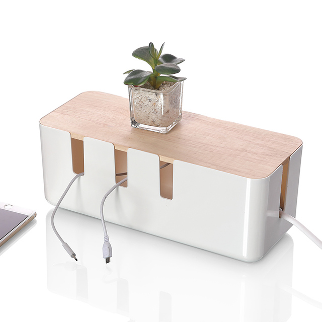 Modern Design Desktop Cable Management Box PP Plastic Wooden Cover Cable Organiser with 4 Exits for Hiding Organising Cables