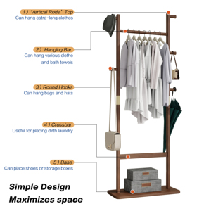 Solid Wood Coat Rack 23.6x11x71in Hanger Stand With Shoe Shelf For Entryway Bedroom - Product Image 5