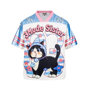 Camiseta de béisbol con estampado de gatos Y2K 3Mode Sister, camiseta oversize con cuello en V estilo streetwear - Product Image 1