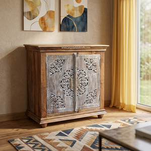 Buffet de rangement traditionnel antique en bois massif sculpté à la main à 2 portes pour salle à manger et cuisine, d'origine indienne - Product Image 4