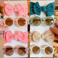 2Pcs/Set Set Kacamata Bulat dan Bando Lebar Warna Solid Bahan Nilon untuk Anak Perempuan, Aksesoris Rambut Anak