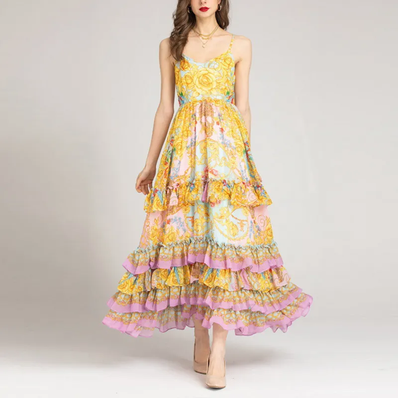 Custom Wholesale Designer Print Pleated Ruched Long Dresses Ladies Loose High Waist Casual Chiffon Women's Dresses