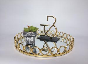 Modern Gold Round Ornate Metal Serving Mirrored <strong>Tray</strong> with Circles for Jewelry <strong>Makeup</strong> Chrom Tablett - Product Image 4
