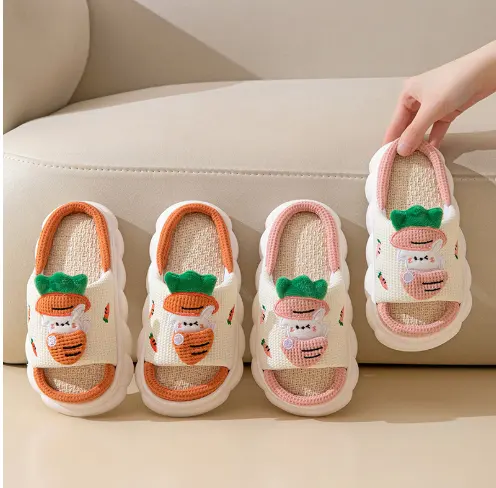 Youki cute summer home indoor linen Children Carrot frog cow animal slippers for girls