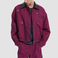 Veste de travail vintage en coton magenta avec col en cuir, coupe oversize, style streetwear, fermeture éclair, veste bomber utilitaire pour homme