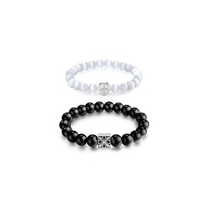 Natural obsidian concentric beaded <b>couple</b> <b>bracelet</b>, fashionable and minimalist design, white cat's eye <b>bracelet</b> jewelry. - Product Image 3
