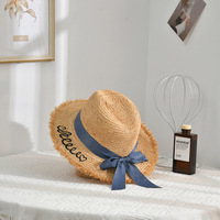 Chapeau de soleil unisexe pour adulte avec fleur en fourrure et nœud, à large bord, à dessus rond, anti-UV, pour la plage, avec lettres