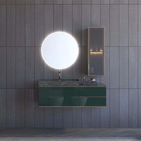 Meuble de salle de bain de luxe vert foncé à fixation murale avec dessus en pierre frittée, 1 porte, 2 tiroirs et vitrine latérale pour la rénovation de maisons et d'hôtels