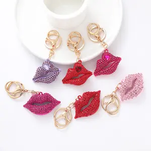 Women Romantic Charming Lipstick Keychain Heart Lips Shaped Crystal Rhinestone Keychain Cubic Zirconia Key Chains Metal Key Ring