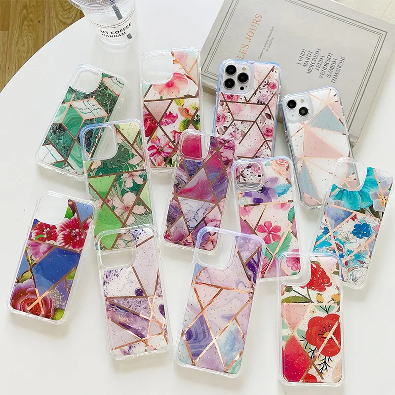 Flower Phone Cases Girly Bulk Custom For iPhone 13 Pro Max Marble Electroplated Phone Case For iPhone 14 12 11 Epoxy Bling Case