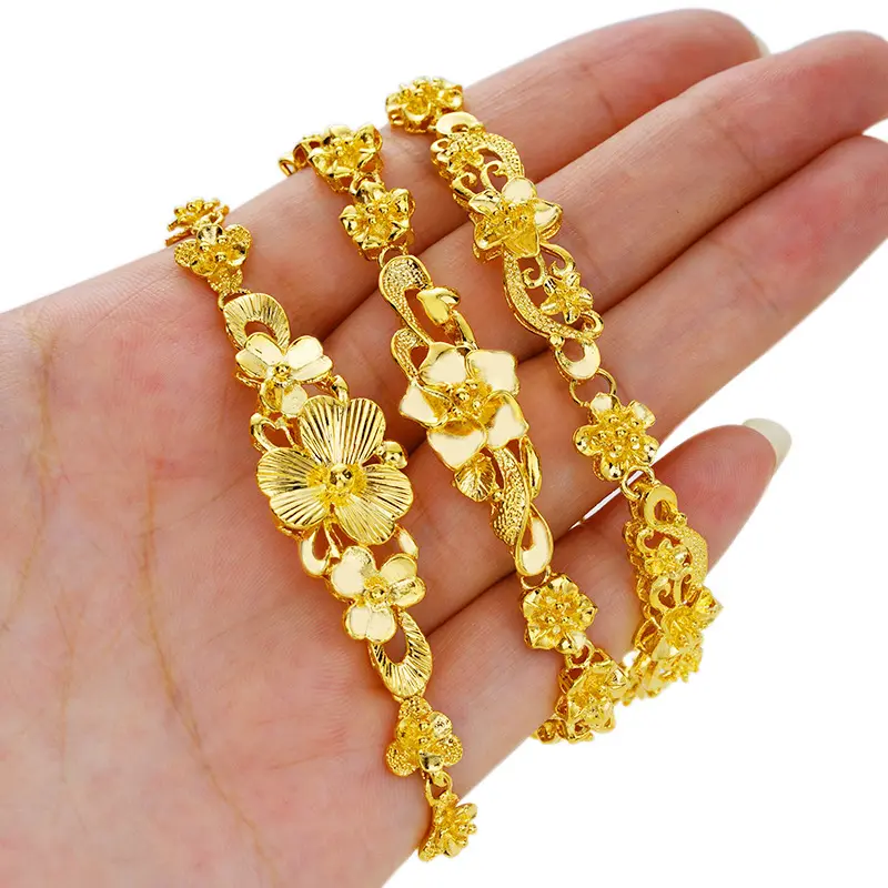 Bijoux Africains Dubai Moda Jóias Flor Cobre Pulseiras 24k Dubai Gold Plating Pulseira Pulseiras Femmes