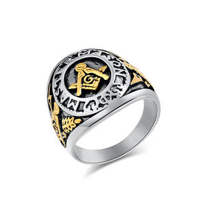 Anillo de Acero de Titanio con Logotipo Masónico Retro de Estilo Europeo Americano para Hombre, Diseño Geométrico en Forma de Escudo, Dos Tonos de Acero y Oro - Product Image 4