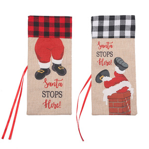 Copribottiglia Natalizio Creativo a Forma di Camino di Babbo <span class=keywords><strong>Natale</strong></span>, Design a Quadri Rosso e Nero in Lino per Champagne e Vino, Decorazioni da Tavola - Product Image 6