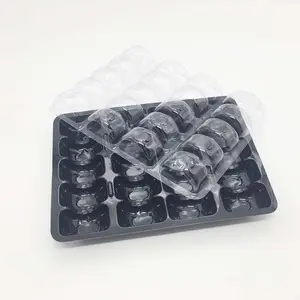 Kotak kemasan kustom 24 bungkus hitam divided pet macaron wadah plastik pastry plastik pembungkus blister dengan tutup bening