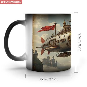 Taza Blanca Esmerilada Negra de 11 oz, Taza Mágica de Cerámica Sensible al Calor con Diseño de Castillo de Dirigible, Pintura Plana 2D - Product Image 1
