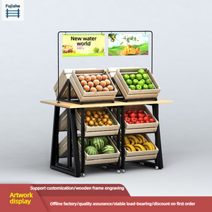 Étagère de présentation de produits à 3 niveaux Fujiahe avec 12 caisses en bois, présentoir îlot en acier pour supermarché, étagère à fruits et légumes avec porte-panneau - Product Image 1