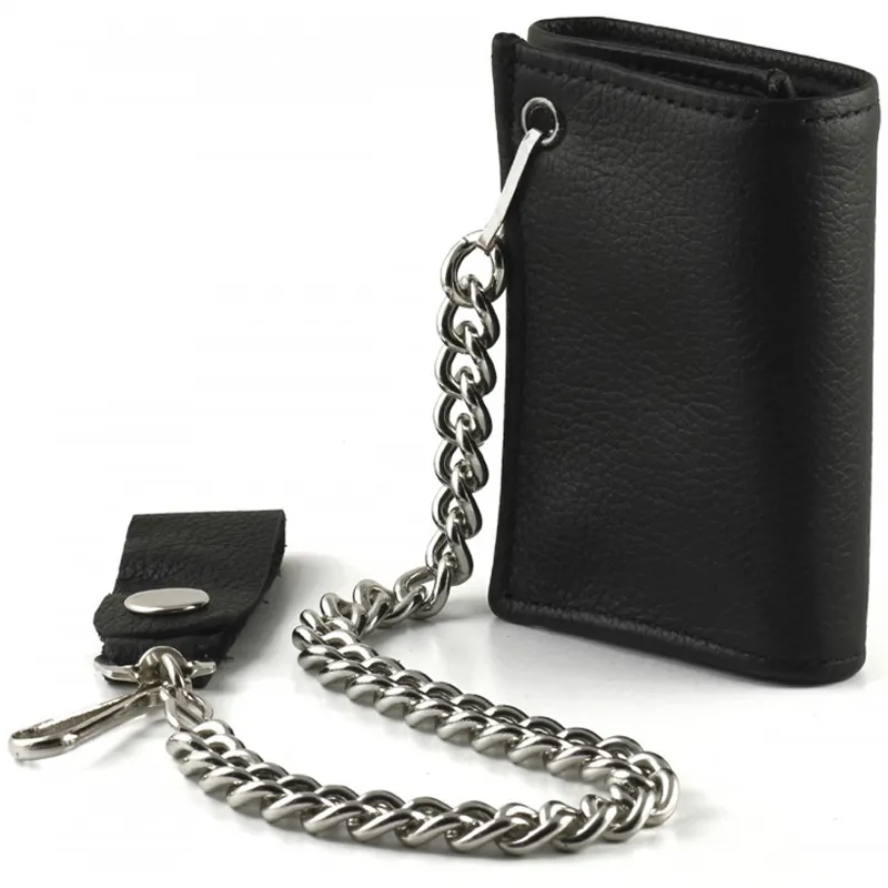 Anti Theft Lost Men's Chain Wallet Custom RFID Blocking Trifold Genuine Leather Biker Chain Wallet For Men Mens Chain Wallet