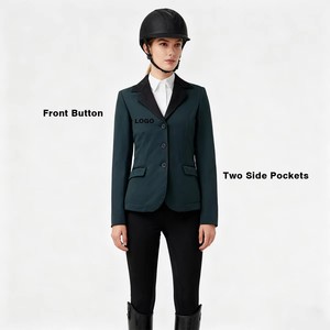 Veste de compétition équestre pour femmes, coupe ajustée, noire, col à revers, boutons sur le devant, deux poches latérales, personnalisable - Product Image 1