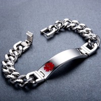 Bracelet d'alerte médicale en acier inoxydable incurvé vierge, chaîne de liaison pour la sensibilisation aux maladies, ID rouge pour hommes, bijou en métal