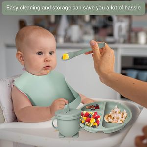 ชุดช้อนส้อมจานผ้ากันเปื้อนสำหรับเด็กคุณภาพสูง ชุดอาหารสำหรับเด็กทารก ชามซิลิโคนพร้อมจุกดูด 2026 - Product Image 6
