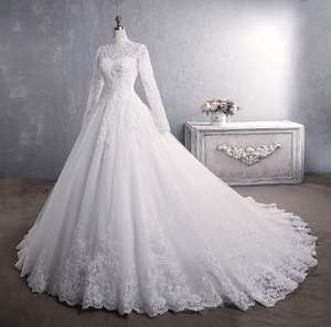 New Heavy-duty Long-<b>sleeved</b> Summer Lace Bride Stand-up Collar Chapel Train Royal Bohemian Floral Pattern White Wedding Dress - Product Image 4