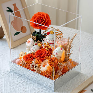 Chat porte-bonheur <span class=keywords><strong>Maneki</strong></span> <span class=keywords><strong>Neko</strong></span> fait à la main, roses éternelles carrées dans une boîte en acrylique, fleurs et plantes conservées pour un cadeau de la Saint-Valentin - Product Image 3