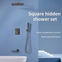 Keran Bak Mandi Terpasang di Dinding 3 Arah, Shower Faucet Kuningan Desain Modern Solid Tersembunyi, Shower Rainfall Persegi Hitam Doff Keramik