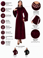 Robe longue en velours à manches évasées, col haut perlé avec ceinture à nouer à la taille |   Abaya musulmane élégante, robe islamique modeste