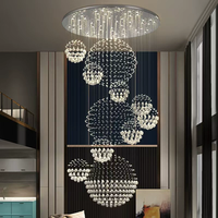 Lustre suspendu sur mesure à double hauteur avec boule de cristal, lumière blanc chaud, télécommande, pour escalier, villa, hall d'entrée