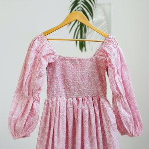 ชุดเดรสมิดิสีชมพูโบฮีเมียนแบบสั่งทำ100% สไตล์วินเทจกระดุมพิมพ์ลายเรขาคณิตทำจากผ้าฝ้ายตกแต่งรอบเอวธรรมชาติ - Product Image 1