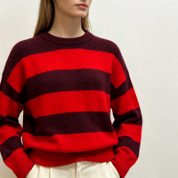 Pull en maille fine à rayures rouges surdimensionné décontracté à manches longues, personnalisé de haute qualité, OEM & ODM, collection automne