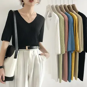 Summer Dress Korean Shrink V-Neck Ice Silk Knitted Short Sleeve T-shirt Women's Knitted Thin Knitted