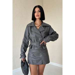 Veste en cuir gris pour femme avec ceinture, produit en gros - Product Image 3