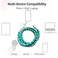 Câble de données USB 3 en 1 élégant avec perles rondes turquoise craquelées, cordon de charge décoratif fait à la main pour téléphone portable